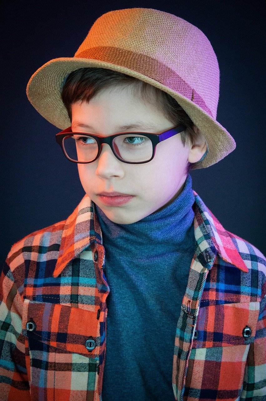 boy, child, portrait, hat, glasses, myopia, poor eyesight, shirt, kids, close-up, 8 years, sight, retro, vintage, turtleneck, model, posing